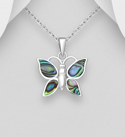 Sterling Silver Abalone Butterfly Pendant on 18 inch Chain ~ 5-1-626 NEW