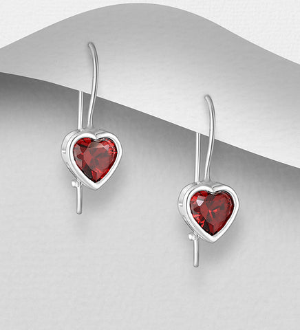 Sterling Silver Red CZ Heart Dangle Earrings ~ 2-1-1136 Red