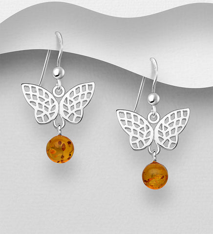 Sterling Silver Amber Butterfly Dangle Earrings ~ 2-1-1227 NEW