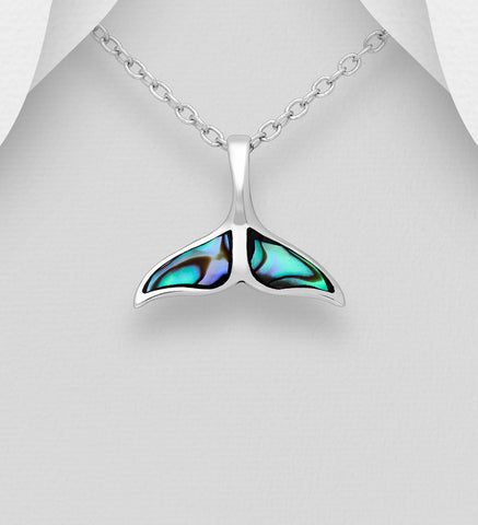 Sterling Silver Abalone Whale Tail Pendant on 18 inch box chain ~ 5-1-616 NEW