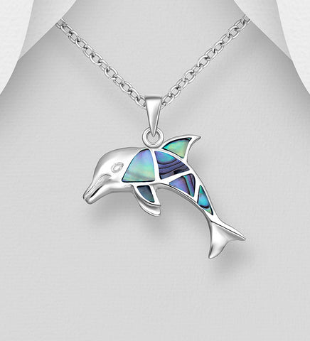 Sterling Silver Abalone Dolphin Pendant on 18 inch box chain ~ 5-1-617 NEW