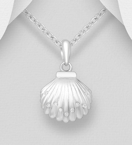 Sterling Silver Shell Pendant with CZ's Pendant on 18 inch chain 5-1-630 NEW