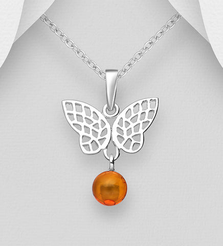 Sterling Silver Amber Butterfly Pendant on 18 inch box chain ~ 5-1-634 NEW