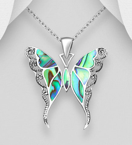 Sterling Silver Abalone Butterfly Pendant on 18 inch Chain ~ 5-1-528