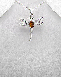 Sterling Silver  Amber Dragonfly Pendant on 18 inch chain 5-1-484
