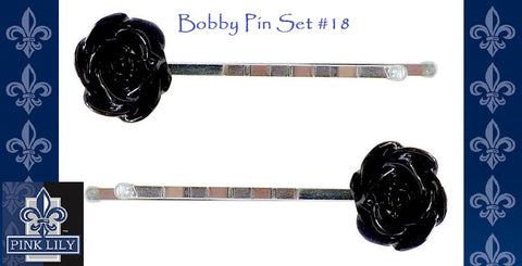 Pink Lily ~ Rosette Black Flower Bobby Pins #18 ~ Sold as a SET of 4 pcs.