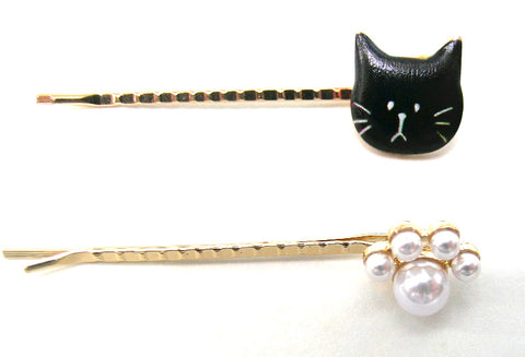 Bobby Pin #151 - Cat with Pearl Paw ~ White & Black