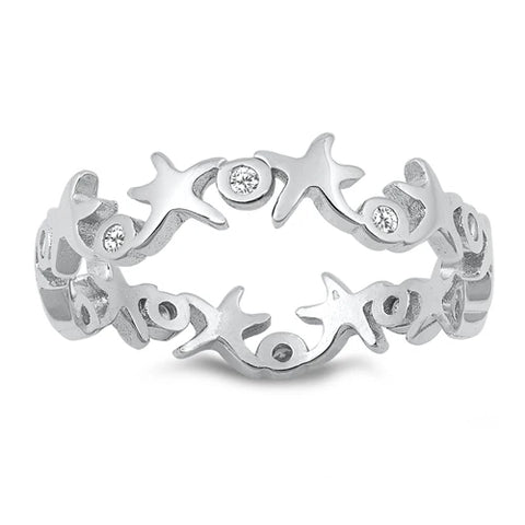 Sterling Silver - Starfish & CZ - Ring Size 8 - 1-4-1 NEW