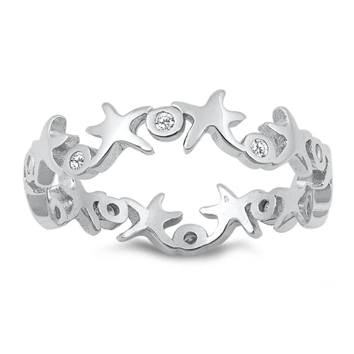 Sterling Silver - Starfish & CZ - Ring Size 7  1-4-1 NEW