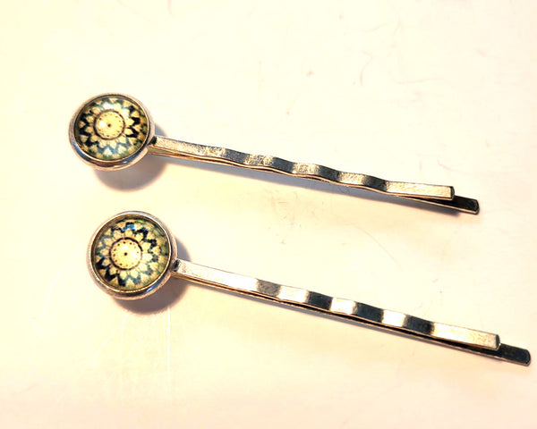 Pink Lily ~ Green & Yellow Mandela ~ Bobby Pin Set  ~ #132-2