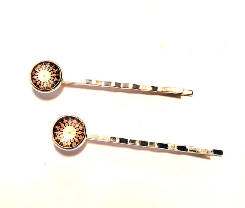 Pink Lily ~Orange & Black Mandela ~ Bobby Pin Set  ~ #132-5