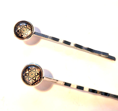 Pink Lily ~ Beige & Black Mandela ~ Bobby Pin Set  ~ #132-9