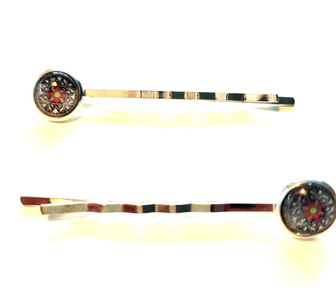 Pink Lily ~ Rose Gold Plated Red & Black Bobby Pin Set  ~ #134-1