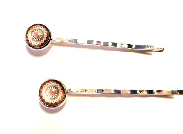 Pink Lily ~ Beige & Blue Mandela ~ Bobby Pin Set  ~ #135-5
