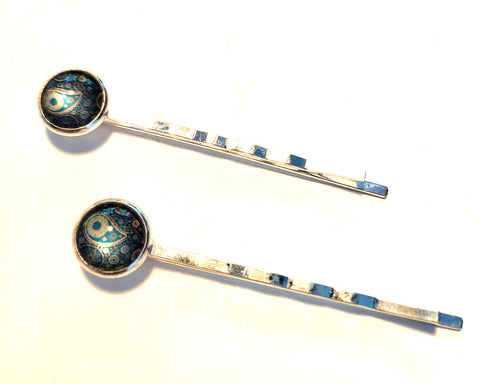 Pink Lily ~  Blue Paisley ~ Bobby Pin Set  ~ #144-10
