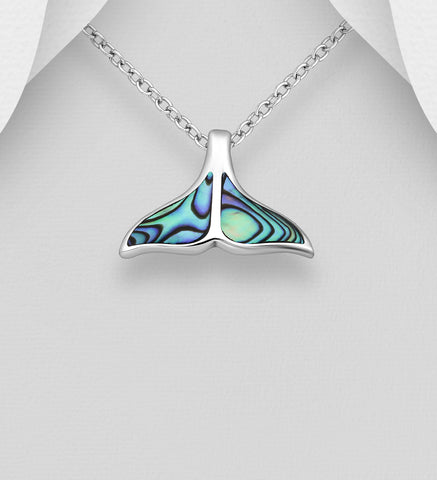 Sterling Silver Abalone Shell Whale Tail  Pendant on 18 inch chain 5-1-625 NEW