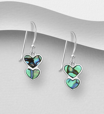 Sterling Silver Abalone Double Heart Dangle Earrings 2-1-1209