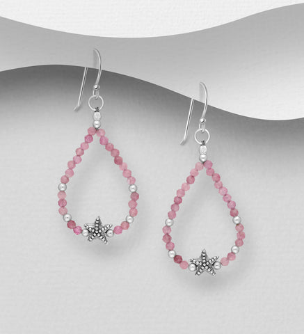 Sterling Silver Starfish Earrings Pink Tourmaline Beads ~ 2-1-1229 SALE #3