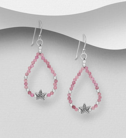 Sterling Silver Starfish Earrings Pink Tourmaline Beads ~ 2-1-1229 NEW #3