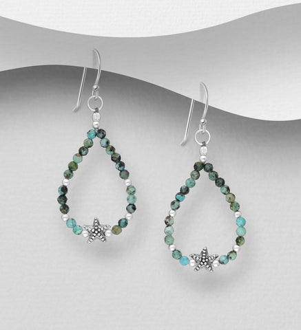 Sterling Silver Starfish Earrings African Turquoise Beads ~ 2-1-1229 SALE #5