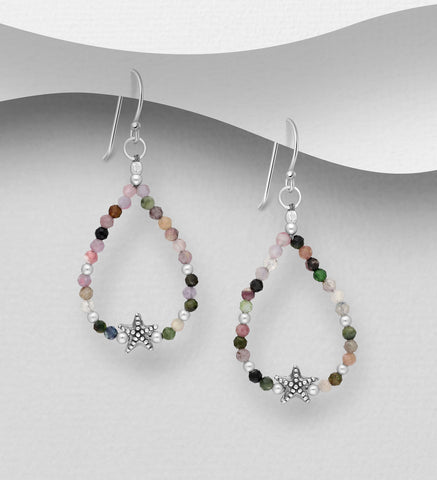 Sterling Silver Starfish Earrings Tourmaline Beads ~ 2-1-1229 SALE #6