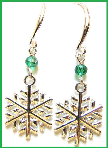 Pink Lily ~ Green Crystal Snowflake Drop Earrings #CHR14