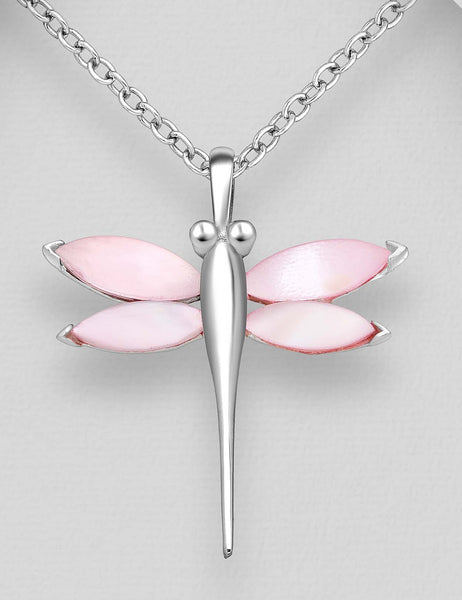 Sterling Silver Pink Mother of Pearl  Dragonfly Pendant on 18 inch Chain ~ 5-1-460