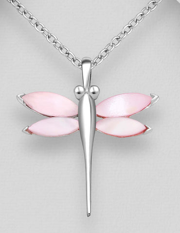 Sterling Silver Pink Mother of Pearl  Dragonfly Pendant on 18 inch Chain ~ 5-1-460