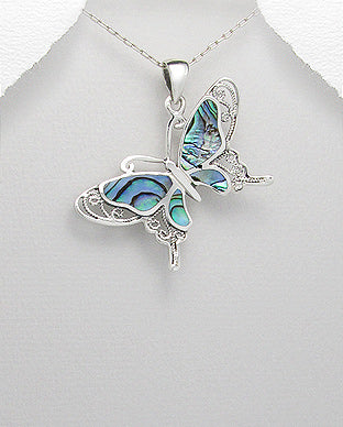 Sterling Silver Abalone Butterfly Pendant on 18 inch Chain ~ 5-1-529