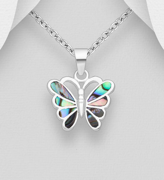 Sterling Silver Abalone Butterfly Pendant on 18 inch Chain ~ 5-1-530