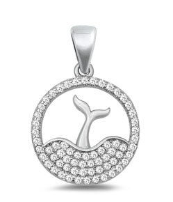 Sterling Silver CZ Blue Whale's Tail Pendant on 18 inch box chain 5-1-603