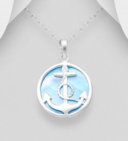 Sterling Silver Blue Shell Anchor Pendant on 18 inch box chain ~ 5-1-623  NEW