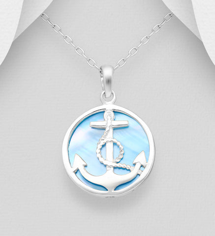 Sterling Silver Blue Shell Anchor Pendant on 18 inch box chain ~ 5-1-612