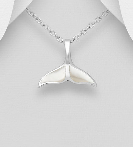 Sterling Silver Mother of Pearl Whale Tail Pendant on 18 inch box chain ~ 5-1-615 NEW