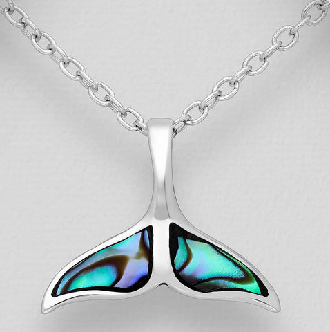 Sterling Silver Abalone Whale Tail Pendant on 18 inch box chain ~ 5-1-616 NEW