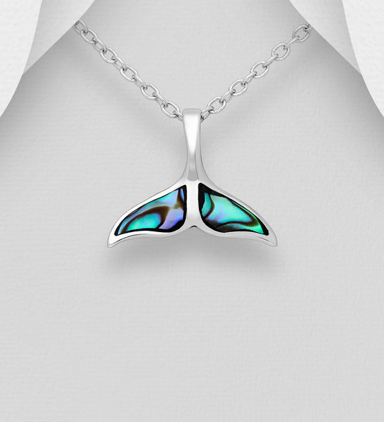 Sterling Silver Abalone Whale Tail Pendant on 18 inch box chain ~ 5-1-616 NEW