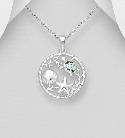 Sterling Silver Abalone Turtle, Starfish Pendant on 18 inch chain ~ 5-1-640 NEW