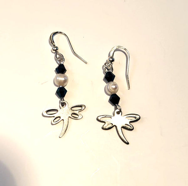 Pink Lily ~  Navy Dragonfly Drop Earrings #136-2