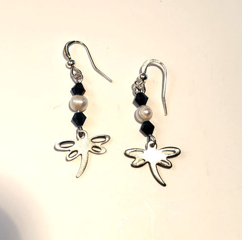 Pink Lily ~  Navy Dragonfly Drop Earrings #136-2