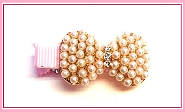 Pink Lily  Faux Pearl Pink Bow Ribbon ~ Pinch Clip #56