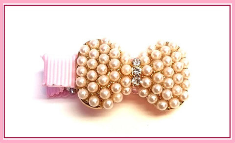 Pink Lily  Faux Pearl Pink Bow Ribbon ~ Pinch Clip #56