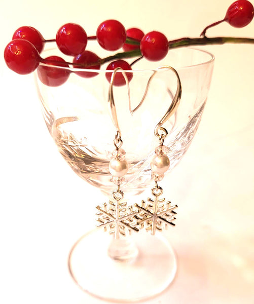 Pink Lily ~ White Pearl & Pink Crystal Snowflake Drop Earrings #CHR17