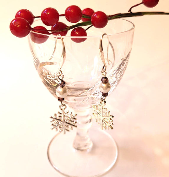 Pink Lily ~ White Pearl & Purple Crystal Snowflake Drop Earrings #CHR18