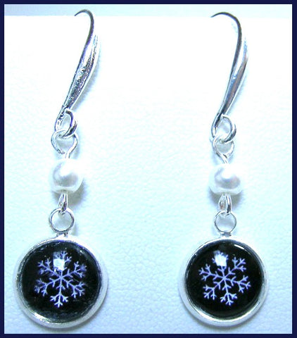 Pink Lily ~ Navy & White Snowflake Drop Earrings #CHR26