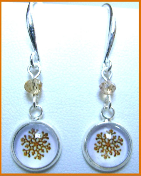 Pink Lily ~ Gold & White Snowflake Drop Earrings #CHR29