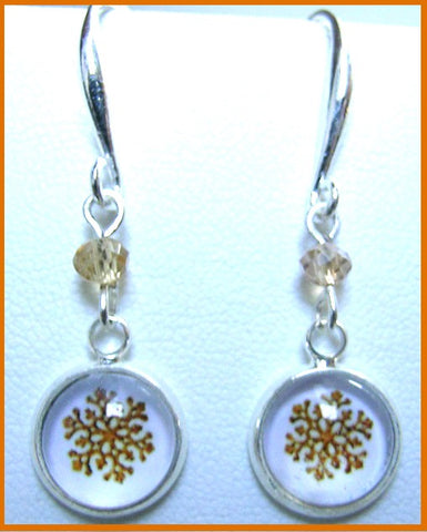 Pink Lily ~ Gold & White Snowflake Drop Earrings #CHR32