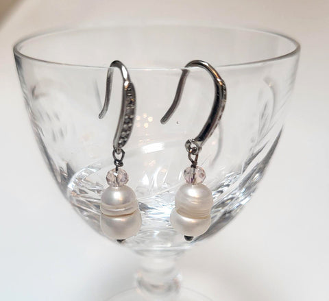 Pink Lily ~ CZ Hook with White pearl & Pink Glass Bead Silver Plated Pearl Drops #120