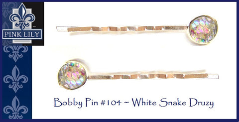 Pink Lily ~ Bobby Pin Set  White Snake Silver Metal Druzy ~ #104