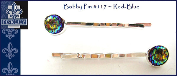 Pink Lily ~ Bobby Pin Set #117 ~ Red-Blue Snake ~ Silver Metal Druzy