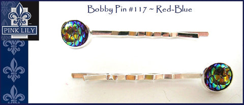 Pink Lily ~ Bobby Pin Set #117 ~ Red-Blue Snake ~ Silver Metal Druzy